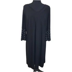 Women's Roz & Ali 1X Black Pearl Embellished Flutter Sl. Open Back Midi Dress